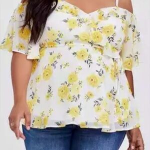 Torrid Yellow Floral Chiffon Cold Shoulder Babydoll Blouse